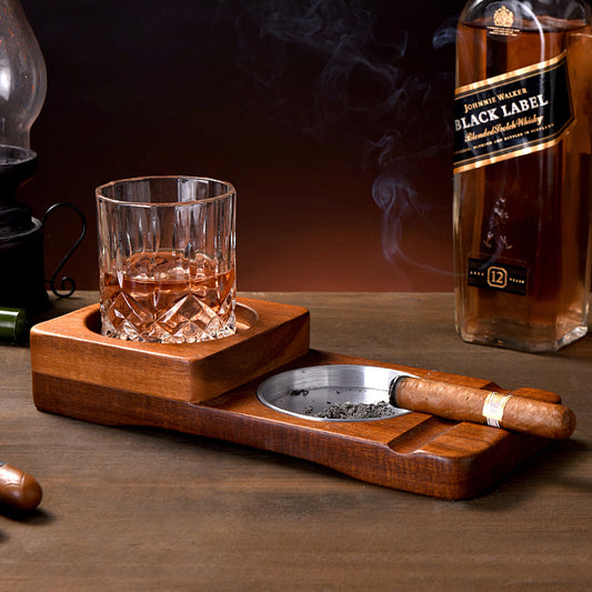 Rustic Wood Whiskey Glass Cup Tray & Cigar Holder