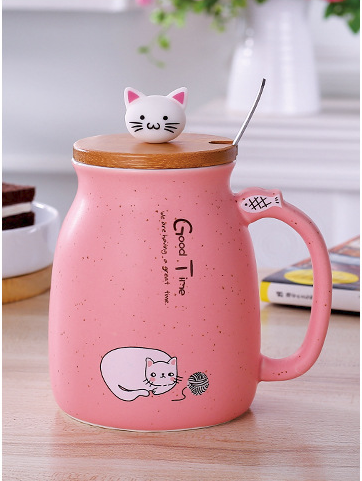 Ceramics Cat Mug With Lid and Spoon